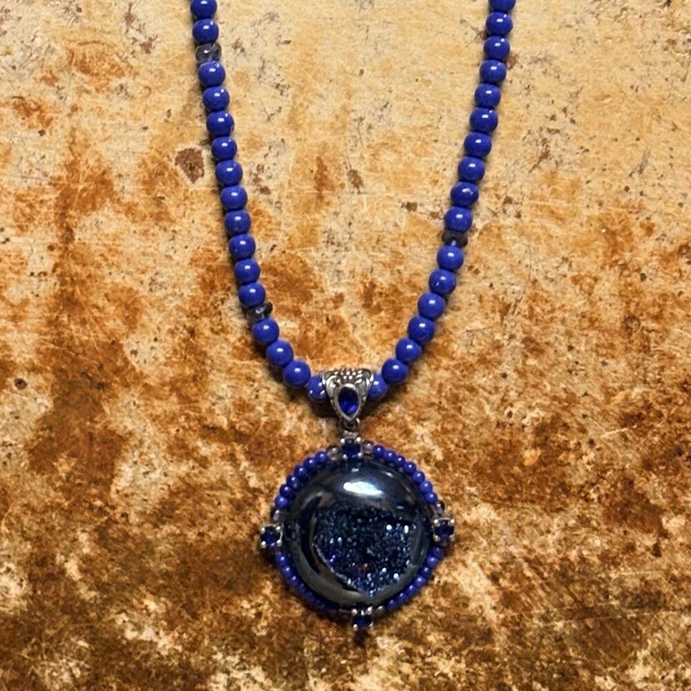 Sajen Necklace w/ Pendant Sterling Silver, Blue Lapis, Druzy, and Iolite 18 Inch